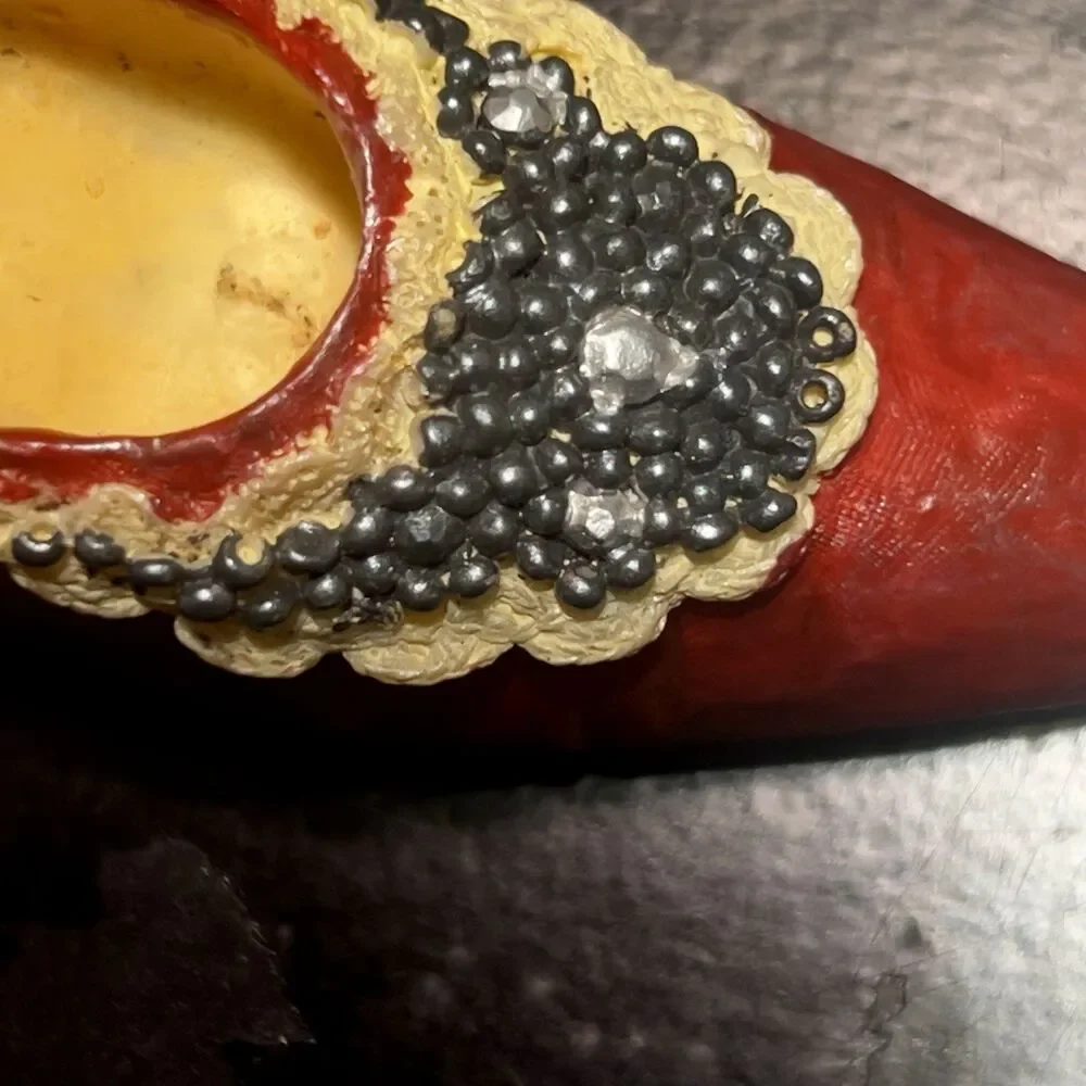Vintage Handmade Miniature Victorian Red Heel w/ Navy Caviar Beading